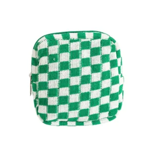 Trousse de maquillage en tricot à damier vert et blanc pour un rangement léger et portatif