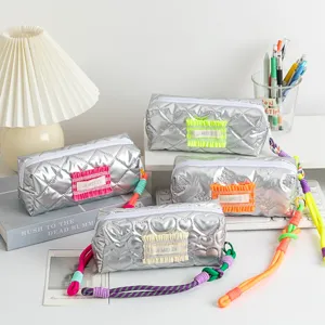 Large Capacity Silver Quilted Pencil Case With Colorful Woven Handle Metallic Polyester Stationery Bag Aesthetic Cosmetic Pouch For Students