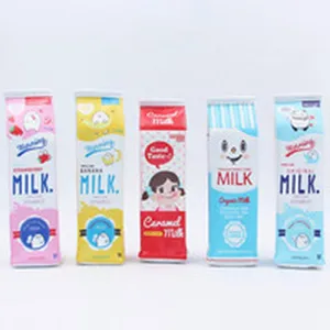 Close-up of creative milk carton shaped pencil cases and storage bags in multiple colors