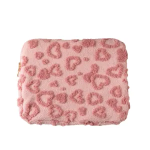 Sweet pink plush laptop sleeve with embossed heart pattern for iPad and Pro
