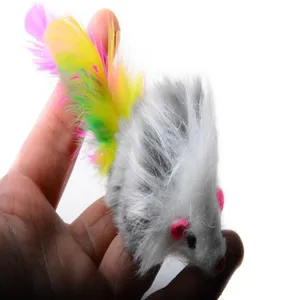 Detailed view of a fluffy plush cat toy mouse with colorful feathers, perfect for pet interaction.