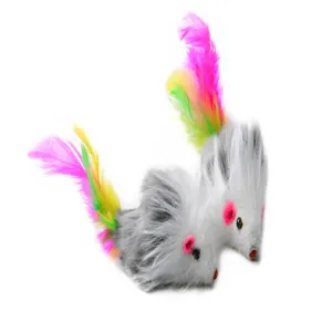 Cute plush mouse cat toy with colorful feather tails for interactive play and fun pets.