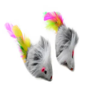 Cute fuzzy feather cat toy mouse set, colorful interactive plush pet toy for kittens.