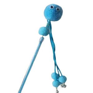 Blue fluffy cat teaser wand with pom poms and bells, interactive pet toy for indoor cats play.