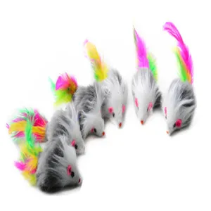Cute plush feather mouse cat toys set, colorful tails, fluffy interactive pet supplies.