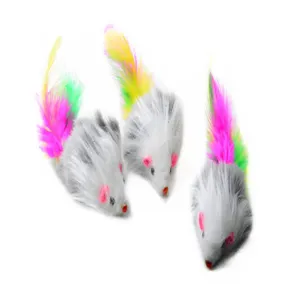 Close-up detail of plush cat toy mice with colorful feather tails for interactive pet play.