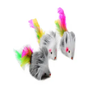 Detailed close-up of fluffy toy mice with vibrant colorful feather tails for pet play.