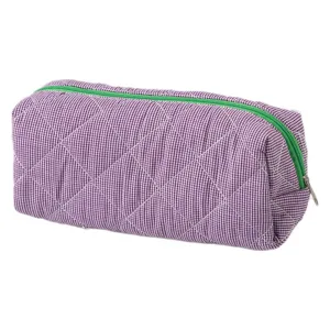 Grande astuccio trapuntato a quadretti viola con cerniera verde per cosmetici e trucco