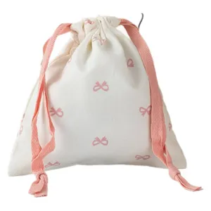 Sweet off-white drawstring bag with pink bow pattern for daily storage and gifts