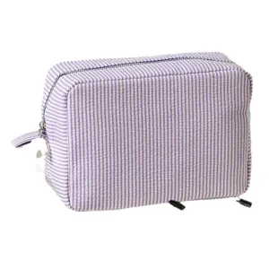 Large capacity purple striped seersucker makeup bag for travel storage and washing