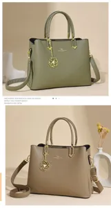 Fashion women soft leather handbag, elegant top handle shoulder crossbody bag with floral pendant.