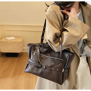 Elegant vintage dark brown soft leather tote bag for women featuring buckle details