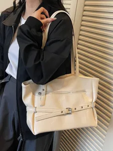 Retro soft leather tote bag for women with large capacity commuter style cream white