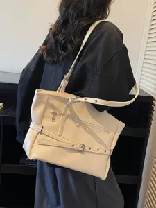 Retro soft leather large capacity tote bag with buckle details shown on model