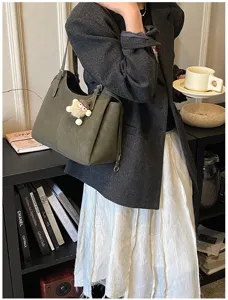 Stylish olive green large capacity soft leather tote bag for elegant winter commute