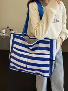 Blaue und weiße gestreifte Tragetasche im koreanischen Stil für Strandurlaub und Einkauf