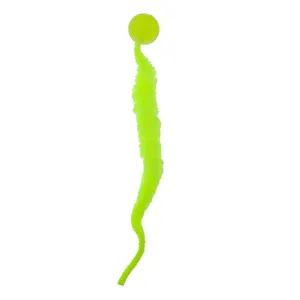 Macro detail of fluorescent yellow fuzzy caterpillar cat toy with interactive bounce ball