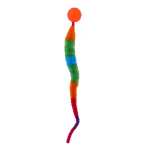 Detailed view of rainbow caterpillar cat toy with bouncing ball