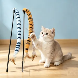 Premium retractable cat wand toy with tiger-striped plush tail and feathers for playful kittens