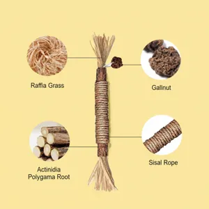Close-up detail of silvervine cat chew toy with raffia and gall fruit materials