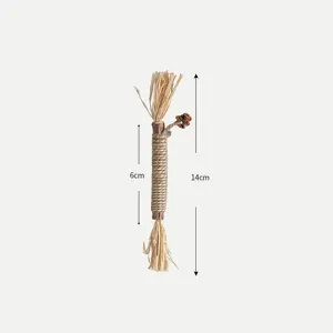 Natural silvervine cat chew stick with raffia and gall fruit, 14cm total length.