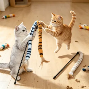 Interactive Cat Teaser Wand Long Stick Toy With Plush Tiger Stripe Tail And Natural Feathers Kitten Pet Supplies
