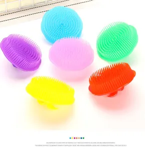 Detailed view showing a variety of colorful silicone pet bath brushes for massage and cleaning