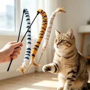 Retractable cat teaser wand with tiger stripe plush tail and feathers for kittens