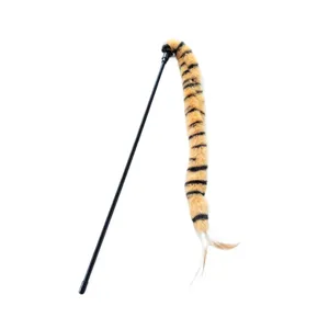 Retractable long wand cat toy featuring a plush tiger striped tail and white feathers