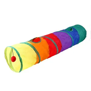 Detailed view of the colorful rainbow cat tunnel with dangling ball toy.