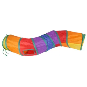 Side view of a long colorful rainbow cat tunnel featuring a peek-a-boo window opening