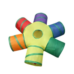 Colorful 5-way rainbow cat tunnel toy designed for interactive indoor pet play and exercise
