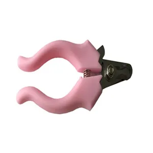 Close-up view of pink ergonomic pet nail clippers featuring sharp stainless steel blades