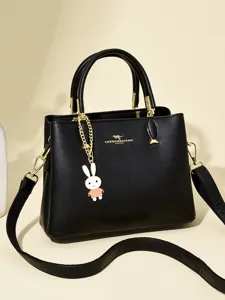 Elegant PU Leather Handbag For Women Stylish Litchi Texture Tote Bag With Kangaroo Logo And Rabbit Charm Festive Wedding Bag