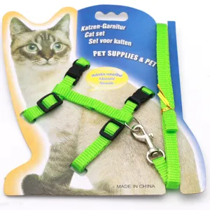 Dettaglio del set pettorina e guinzaglio per gatti verde neon a forma di H su carta