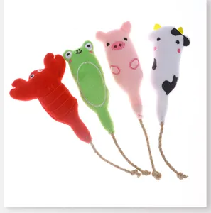 Set of four plush animal cat toys with hemp rope tails: lobster, frog, pig, cow.