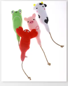 Detailed view of four colorful animal-shaped plush cat toys with hemp rope tails.