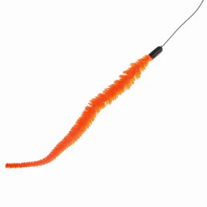 Detail view of orange plush caterpillar attachment for interactive cat teaser wand toy