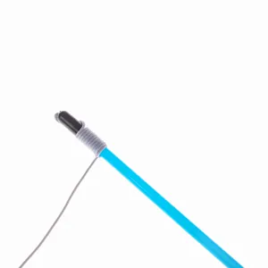 Detail view of the durable blue rod and elastic string connection on a cat teaser wand.