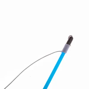 Close-up detail of the durable elastic rope attachment on a blue cat teaser wand