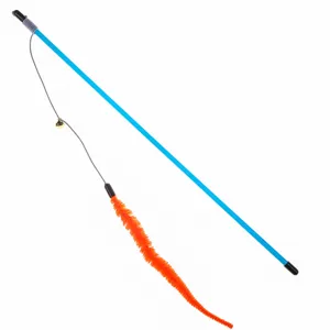 Detailed view of the blue rod cat teaser wand with an orange fuzzy caterpillar lure