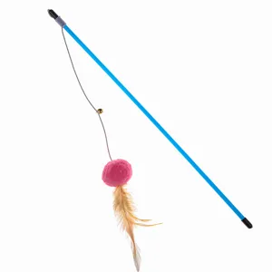 Detailed view of cat teaser wand with blue rod, pink pom-pom, and feather