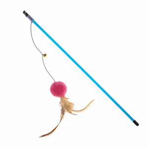 Detailed view of cat teaser wand featuring a pink plush ball and natural feathers