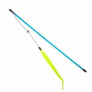 Detail view of a cat teaser wand with a blue rod and neon green caterpillar lure