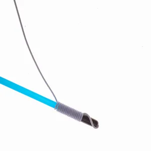 Detail view of grey elastic cord wrapped around the end of a blue translucent cat wand.