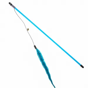 Interactive blue cat teaser wand featuring a soft caterpillar plush and a small bell.