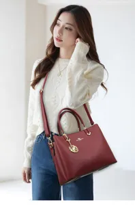 Women red leather handbag elegant shoulder crossbody tote bag with floral pendant for autumn winter
