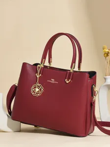 Red women handbag stylish shoulder bag soft leather tote bag with elegant floral pearl pendant
