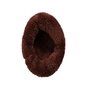 Close-up top view of a cozy dark brown thickened plush bed for hamsters and small pets