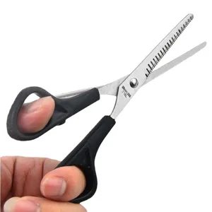 Professional pet grooming thinning shears with black handle and stainless steel blades